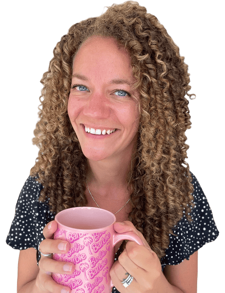 Danielle gray smiling with barbie mug
